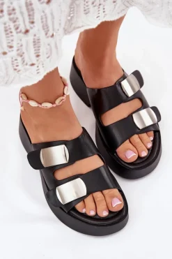 Klapki Damskie Z Paskami Eko Skórzane Czarne Falenisse