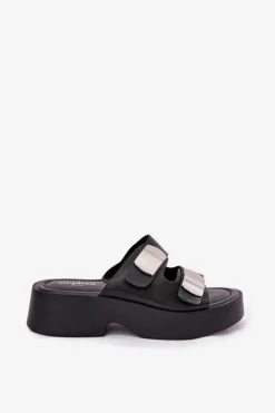 Klapki Damskie Z Paskami Eko Skórzane Czarne Falenisse