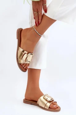 Klapki Damskie Z Paskiem I Klamrą Złote Opahiri