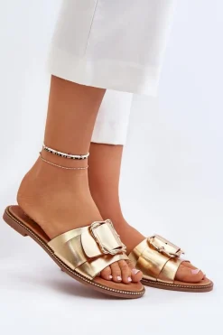 Klapki Damskie Z Paskiem I Klamrą Złote Opahiri