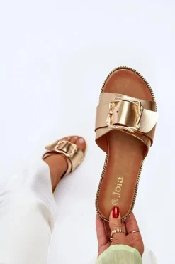 Klapki Damskie Z Paskiem I Klamrą Złote Opahiri