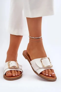 Klapki Damskie Z Paskiem I Klamrą Białe Opahiri