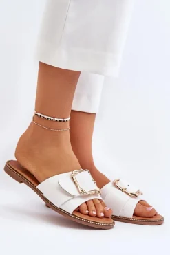 Klapki Damskie Z Paskiem I Klamrą Białe Opahiri