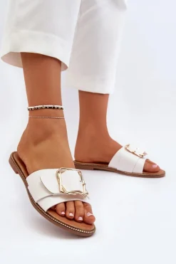 Klapki Damskie Z Paskiem I Klamrą Białe Opahiri