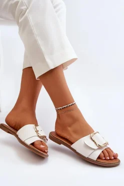 Klapki Damskie Z Paskiem I Klamrą Białe Opahiri