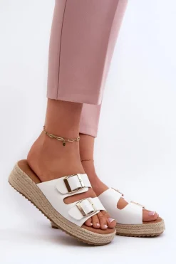 Klapki Damskie Z Plecionką Eko Skórzane Białe Zaloemi