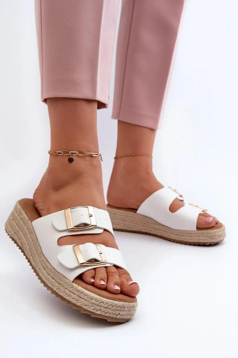 Klapki Damskie Z Plecionką Eko Skórzane Białe Zaloemi