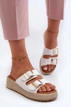 Klapki Damskie Z Plecionką Eko Skórzane Białe Zaloemi