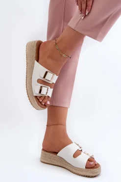 Klapki Damskie Z Plecionką Eko Skórzane Białe Zaloemi