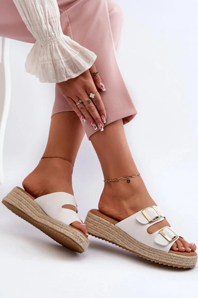 Klapki Damskie Z Plecionką Eko Skórzane Białe Zaloemi