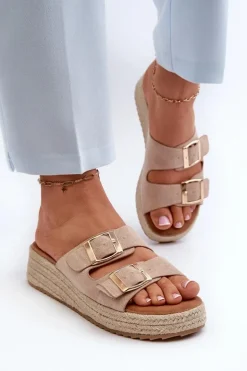 Klapki Damskie Z Plecionką Eko Zamszowe Beżowe Zaloemi