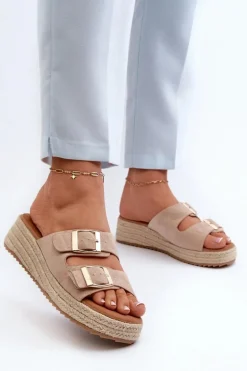 Klapki Damskie Z Plecionką Eko Zamszowe Beżowe Zaloemi