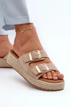 Klapki Damskie Z Plecionką Eko Zamszowe Beżowe Zaloemi