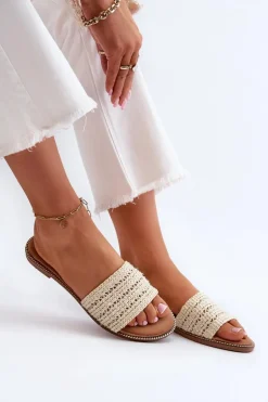 Klapki Damskie Z Plecionką Na Płaskim Obcasie Jasnobeżowe Radians