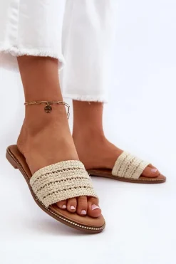 Klapki Damskie Z Plecionką Na Płaskim Obcasie Jasnobeżowe Radians