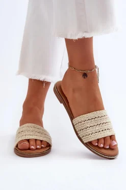 Klapki Damskie Z Plecionką Na Płaskim Obcasie Jasnobeżowe Radians