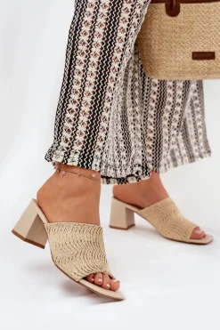 Klapki Damskie Z Plecionką Na Obcasie Beżowe Ciariloria