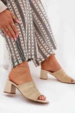 Klapki Damskie Z Plecionką Na Obcasie Beżowe Ciariloria