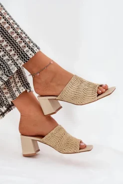 Klapki Damskie Z Plecionką Na Obcasie Beżowe Ciariloria