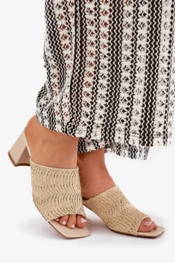 Klapki Damskie Z Plecionką Na Obcasie Beżowe Ciariloria