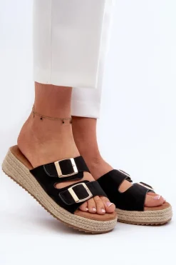 Klapki Damskie Z Plecionką Eko Zamszowe Czarne Zaloemi