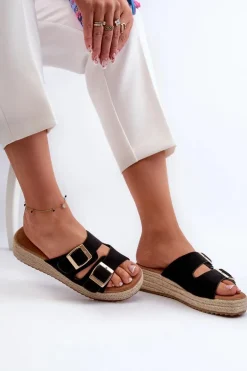 Klapki Damskie Z Plecionką Eko Zamszowe Czarne Zaloemi