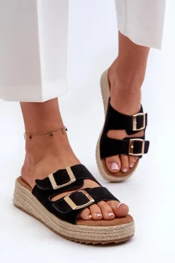 Klapki Damskie Z Plecionką Eko Zamszowe Czarne Zaloemi