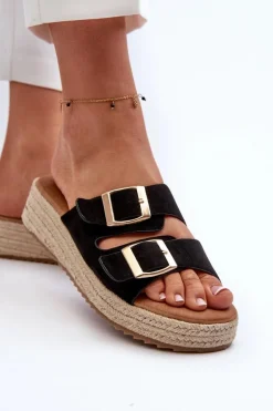 Klapki Damskie Z Plecionką Eko Zamszowe Czarne Zaloemi