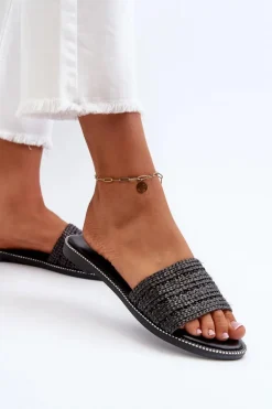 Klapki Damskie Z Plecionką Na Płaskim Obcasie Czarne Radians