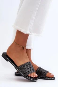 Klapki Damskie Z Plecionką Na Płaskim Obcasie Czarne Radians
