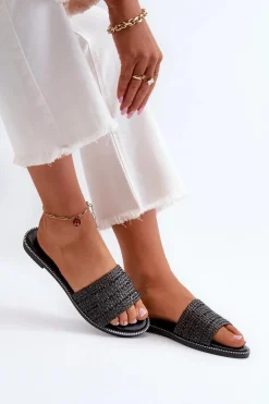 Klapki Damskie Z Plecionką Na Płaskim Obcasie Czarne Radians