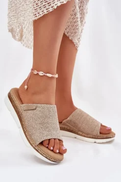 Klapki Damskie Z Plecionką Na Koturnie Beżowe Norozi