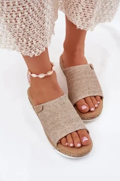 Klapki Damskie Z Plecionką Na Koturnie Beżowe Norozi