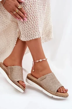 Klapki Damskie Z Plecionką Na Koturnie Beżowe Norozi