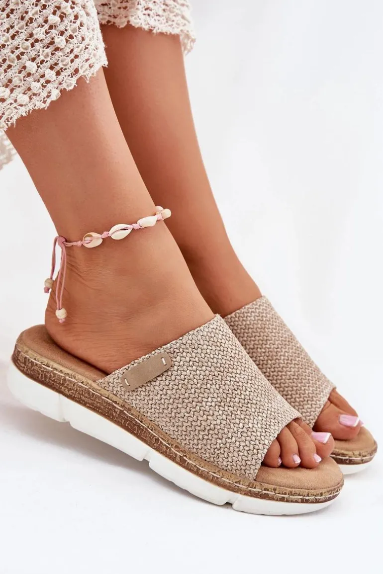 Klapki Damskie Z Plecionką Na Koturnie Beżowe Norozi