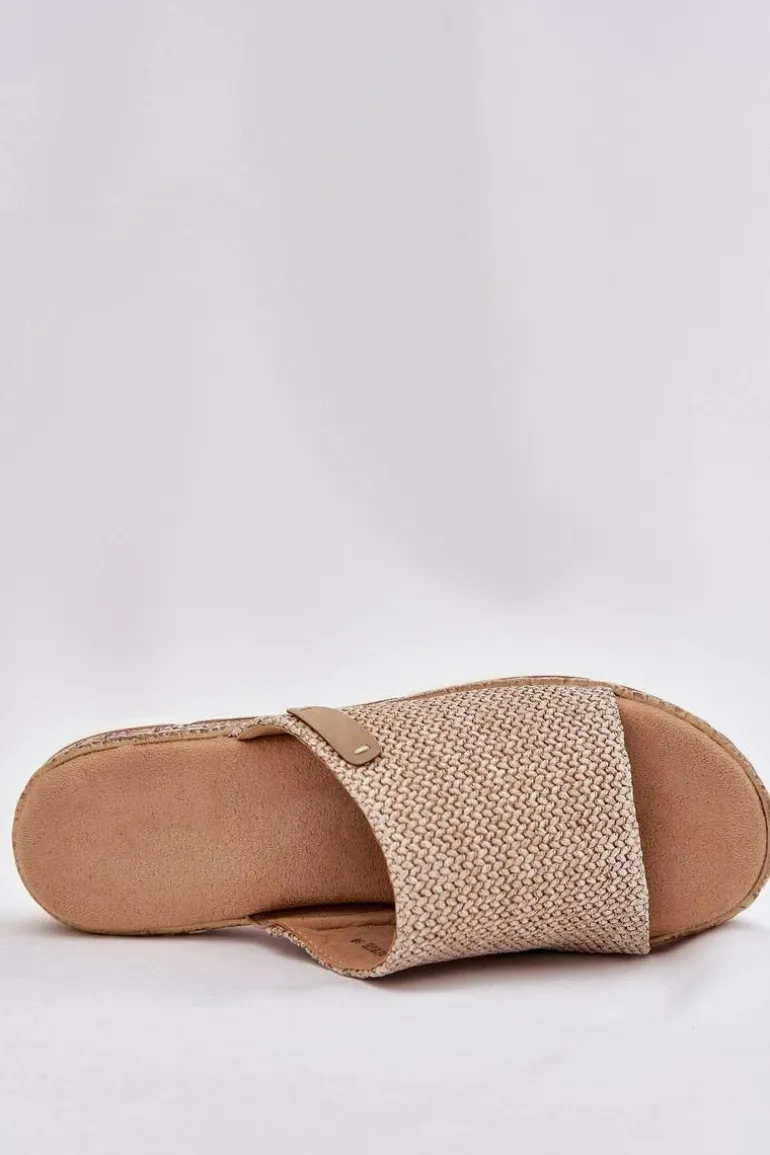 Klapki Damskie Z Plecionką Na Koturnie Beżowe Norozi