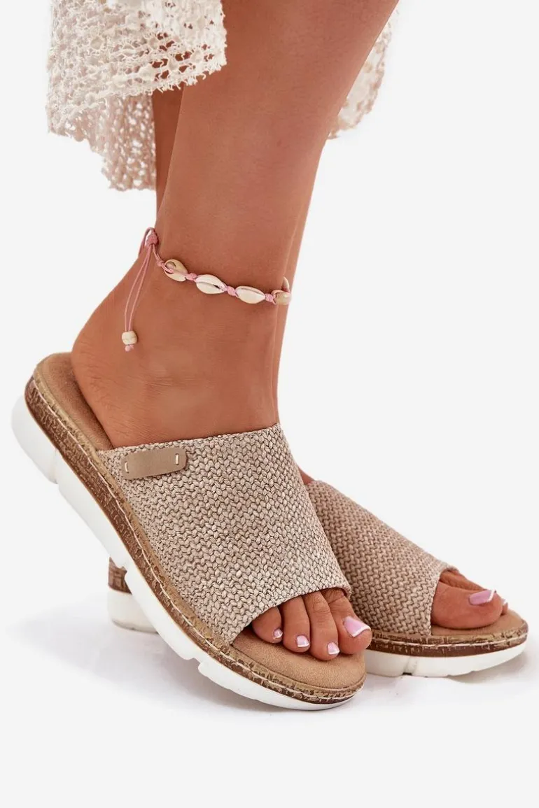 Klapki Damskie Z Plecionką Na Koturnie Beżowe Norozi