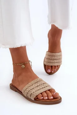 Klapki Damskie Z Plecionką Na Płaskim Obcasie Beżowe Radians