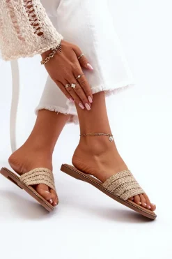 Klapki Damskie Z Plecionką Na Płaskim Obcasie Beżowe Radians