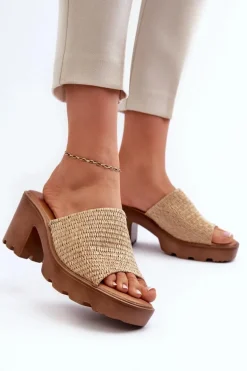 Klapki Damskie z Plecionką Na Obcasie Beżowe Titantha
