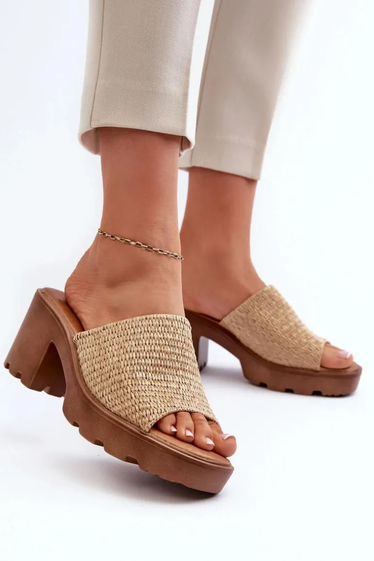 Klapki Damskie z Plecionką Na Obcasie Beżowe Titantha