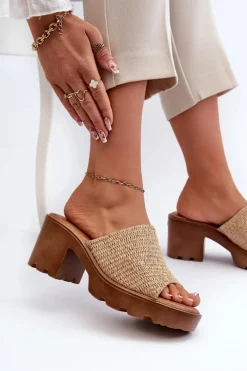 Klapki Damskie z Plecionką Na Obcasie Beżowe Titantha