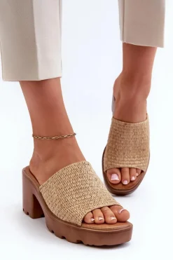 Klapki Damskie z Plecionką Na Obcasie Beżowe Titantha