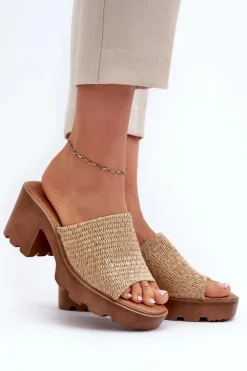 Klapki Damskie z Plecionką Na Obcasie Beżowe Titantha