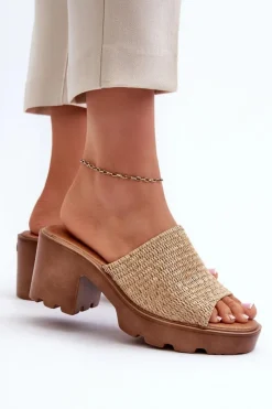 Klapki Damskie z Plecionką Na Obcasie Beżowe Titantha