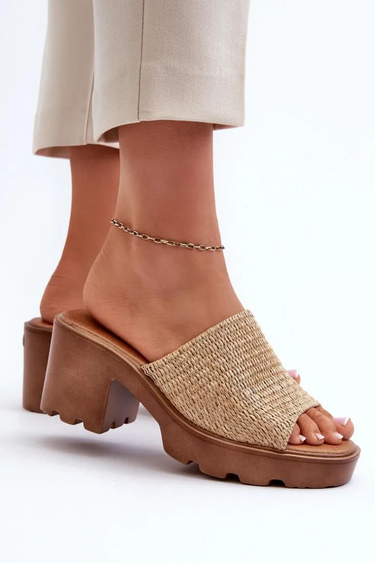 Klapki Damskie z Plecionką Na Obcasie Beżowe Titantha