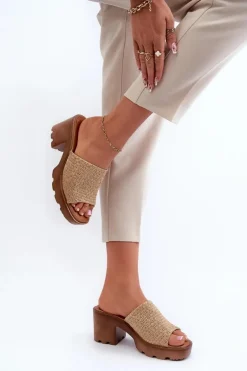 Klapki Damskie z Plecionką Na Obcasie Beżowe Titantha