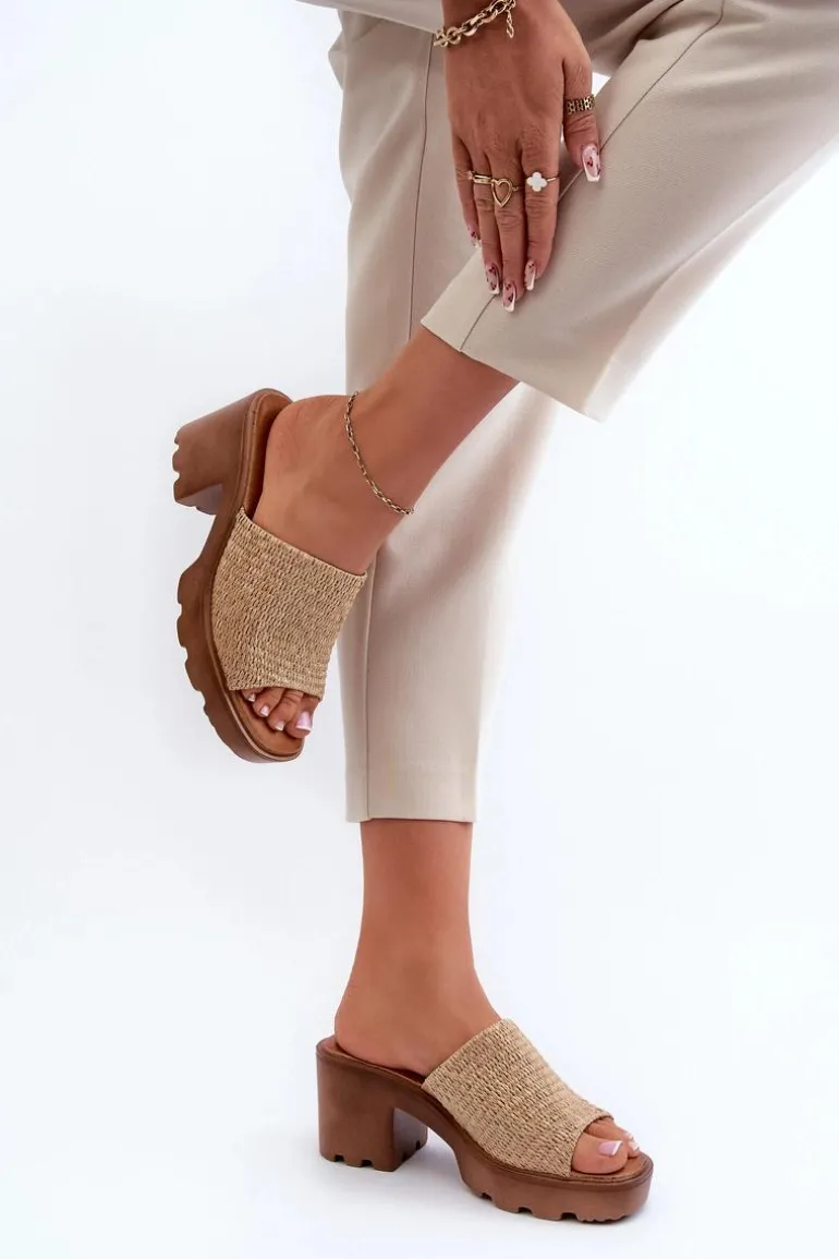 Klapki Damskie z Plecionką Na Obcasie Beżowe Titantha