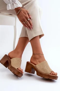 Klapki Damskie z Plecionką Na Obcasie Beżowe Titantha