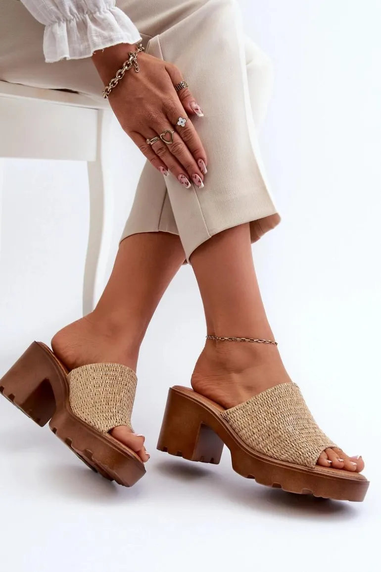 Klapki Damskie z Plecionką Na Obcasie Beżowe Titantha